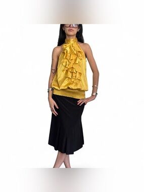Y2K Satin Yellow Ruffled High Neck Top by Dizzy Lizzy Size Medium